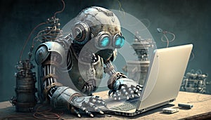 the robot works at the computer.Generative AI