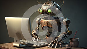 the robot works at the computer.Generative AI