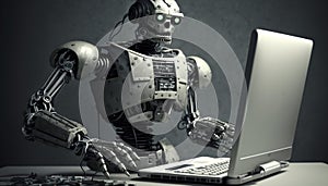 the robot works at the computer.Generative AI