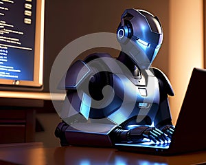 Robot works with laptop in room background with gadgets in light.Training of robots and artificial intelligence.Working