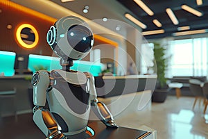 robot works in the office, blurred background. Artificial intelect in future life.