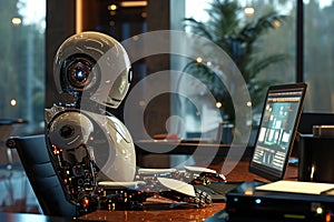 robot works in the office, with laptop, blurred background. Artificial intelect in future life. photo