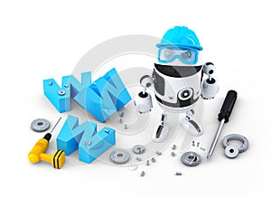 Robot with WWW sign. Website building or repair concept