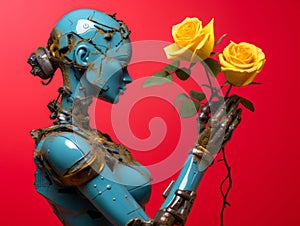 Robot with yellow roses on a red background. Artificial intelligence.