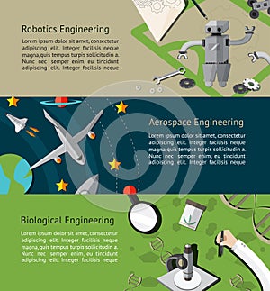 Robotic, aerospace, and biological engineering education infographic banner template layout background website page