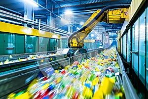 Robotic arm in action sorting recyclables at a modern recycling facility