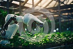 Robotic arm in agricultural farm, green house plant cultivations, generative AI photo