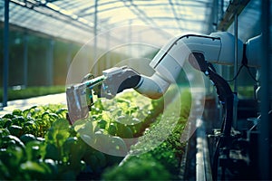 Robotic arm in agricultural farm, green house plant cultivations, generative AI photo