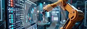 Robotic arm analyzing data on computer screen in high-tech lab