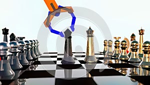 Robotic arm artificial intelligence playing chess 3d illustration