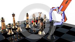 Robotic arm artificial intelligence playing chess 3d illustration