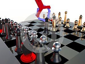 Robotic arm artificial intelligence playing chess 3d illustration