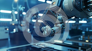 Robotic Arm Assembling Circuit Board. AI generated