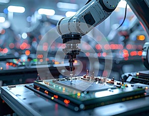 Robotic arm assembling circuit board focused and clean