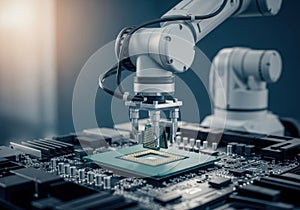 Robotic arm assembling a computer processor on a circuit board