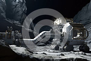 a robotic arm assembling a habitat module on the lunar surface