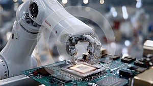Robotic arm assembling microchip on circuit board automation technology manufacturing process ai industry 4.0