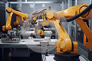 robotic arm assembling widgets on factory line