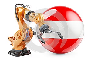 Robotic arm with Austrian flag. Modern technology, industry and production in Austria concept, 3D rendering