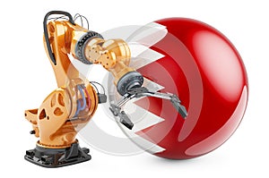 Robotic arm with Bahraini flag. Modern technology, industry and production in Bahrain concept, 3D rendering