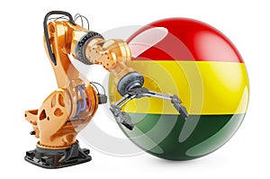 Robotic arm with Bolivian flag. Modern technology, industry and production in Bolivia concept, 3D rendering