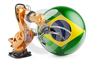Robotic arm with Brazilian flag. Modern technology, industry and production in Brazil concept, 3D rendering