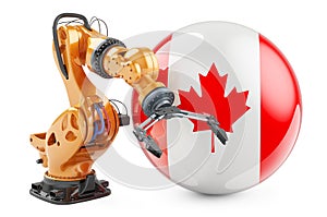 Robotic arm with Canadian flag. Modern technology, industry and production in Canada concept, 3D rendering