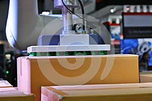 Robotic Arm Carrying Carton Box On Conveyor Belt In Smart Distribution Warehouse