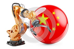 Robotic arm with Chinese flag. Modern technology, industry and production in China concept, 3D rendering