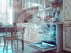 A robotic arm delicately loads glasses into a standard dishwasher in the center of a contemporary kitchen