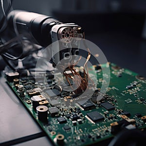A robotic arm delicately placing a component on a circuit board before sweeping onto the next task with superhuman photo