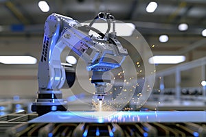 Robotic arm doing laser cutting process. Robotic technology in manufacturing industry