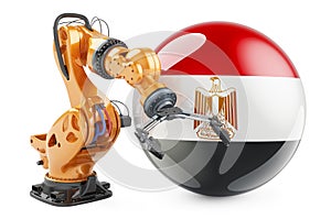 Robotic arm with Egyptian flag. Modern technology, industry and production in Egypt concept, 3D rendering