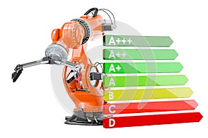 Robotic arm with energy efficiency chart, 3D rendering