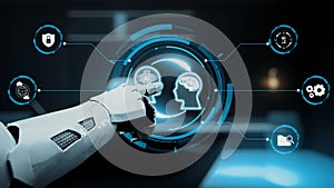 Futuristic Robot Arm Interacting with Artificial Intelligence Interface Representing Technology Integration and Human