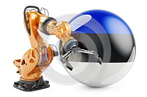 Robotic arm with Estonian flag. Modern technology, industry and production in Estonia concept, 3D rendering