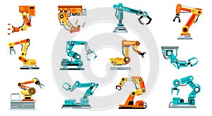 Robotic arm. Factory automatic equipment. Mechanic and hydraulic manufacture machinery. Production assembly line control hands.