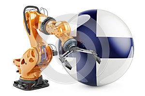 Robotic arm with Finnish flag. Modern technology, industry and production in Finland concept, 3D rendering