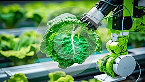 A robotic arm gathers lettuce in a hydroponic greenhouse using Smart Farming technology, AI Generative