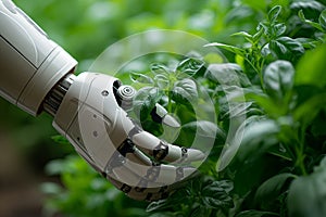 Robotic Arm Gently Tending Greenhouse Plant