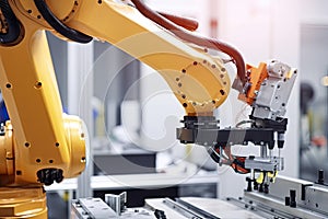 a robotic arm, with a gripper and a drill attached, working on an industrial assembly line