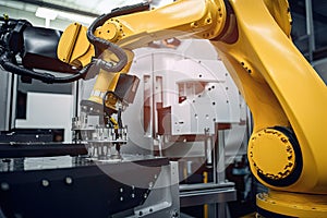 a robotic arm, with a gripper and a drill attached, working on an industrial assembly line