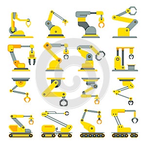 Robotic arm, hand, industrial robot flat vector icons set