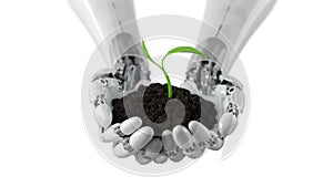 Robotic Arm Holds Soil with Time Lapse Growing Plant on a White Background. Beautiful Conceptual High Detailed 3d