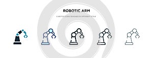 Robotic arm icon in different style vector illustration. two colored and black robotic arm vector icons designed in filled,