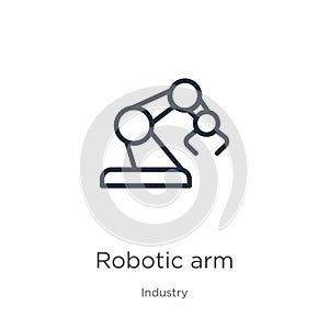 Robotic arm icon. Thin linear robotic arm outline icon isolated on white background from industry collection. Line vector robotic