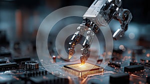 Robotic arm installing cpu on motherboard, representing advanced technology and automation