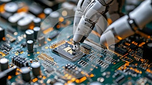 Robotic Arm Installing Microprocessor On Circuit Board