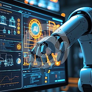 Robotic arm interacting with advanced artificial intelligence interface displaying data