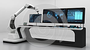 Robotic arm interacting with futuristic computer control panel